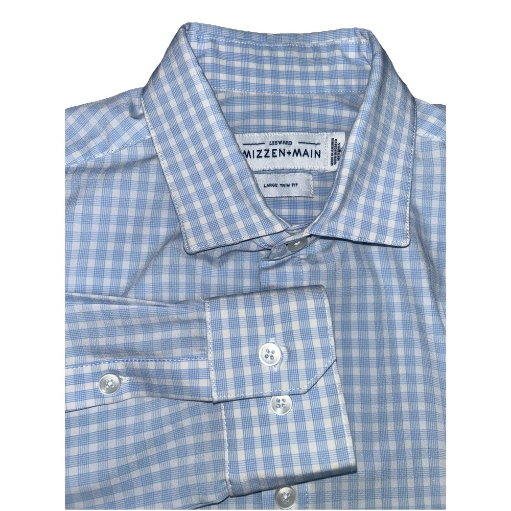 Mizzen & Main Leeward Collection Men's‎ Large Trim Fit Stretch White Blue Plaid